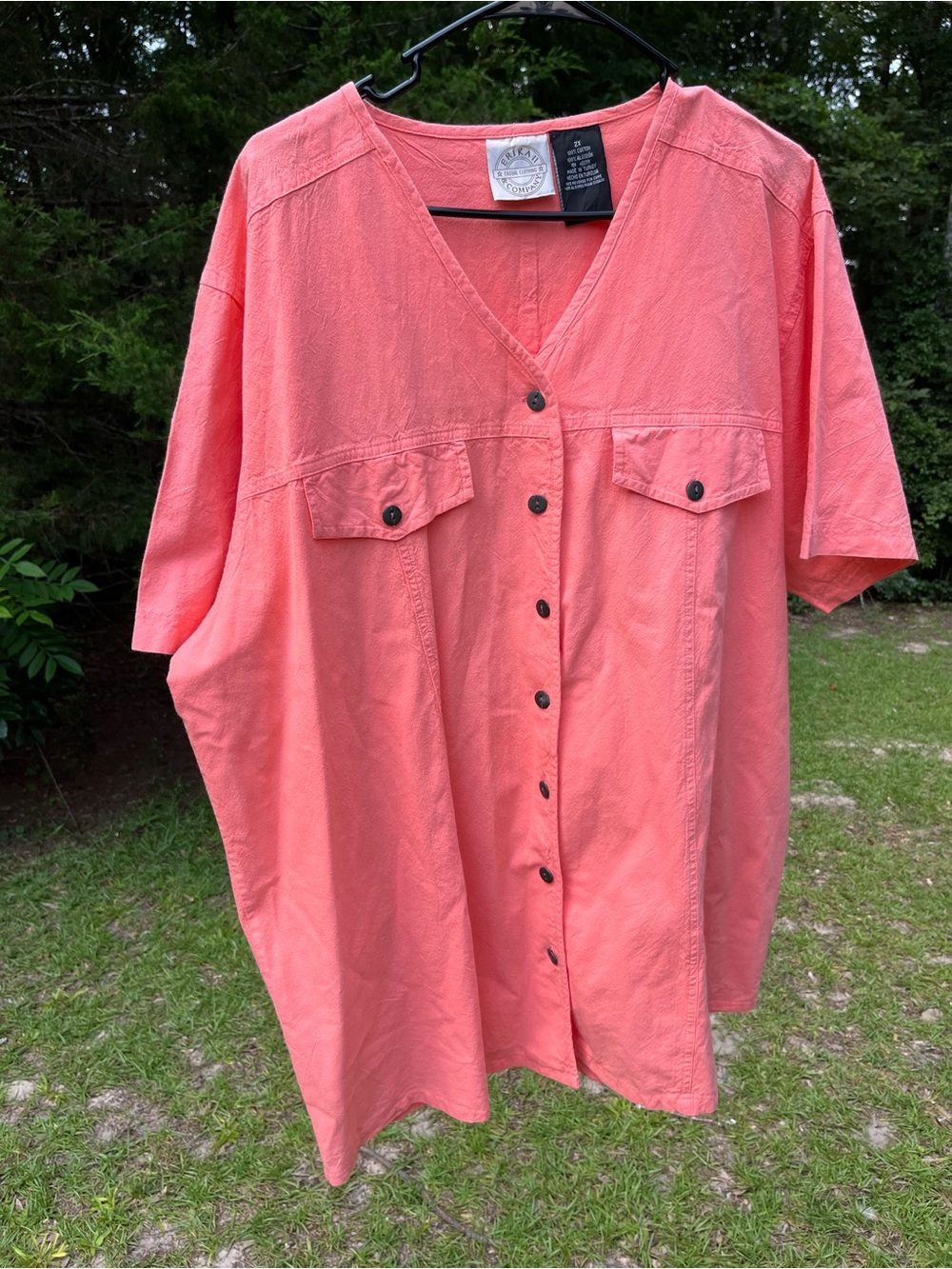 Coral V-Neck Button-Down Utility Shirt